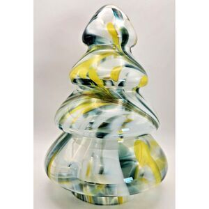 Zorza Poland Hand Blown Glass Christmas‎ Tree Green, White, & Yellow Swirl